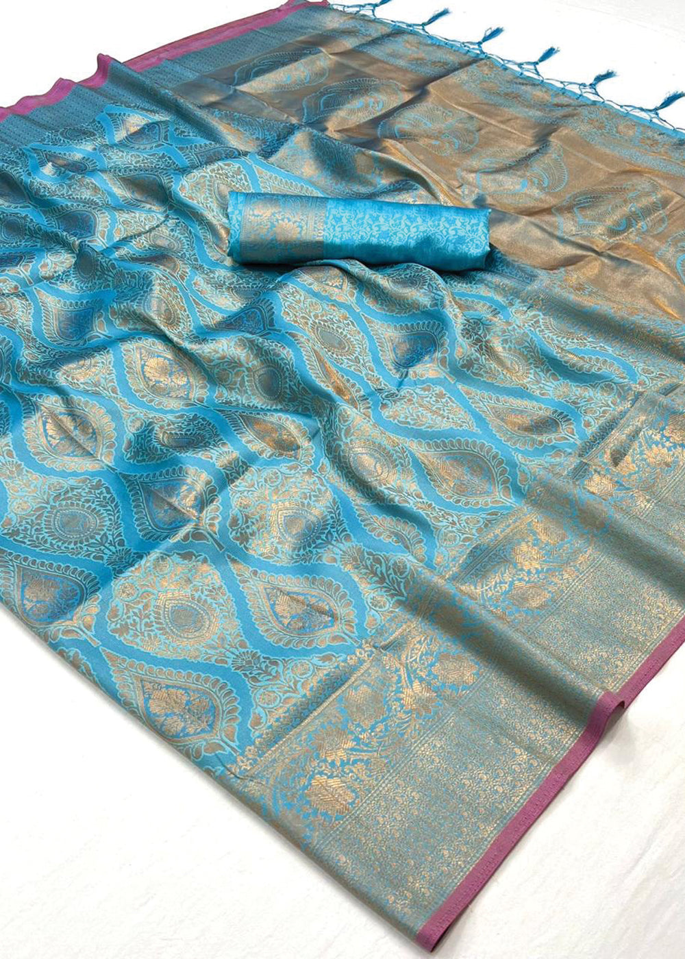 Sky Blue Regal Banarasi Silk Saree with Gold & Silver Zari Brocade Work