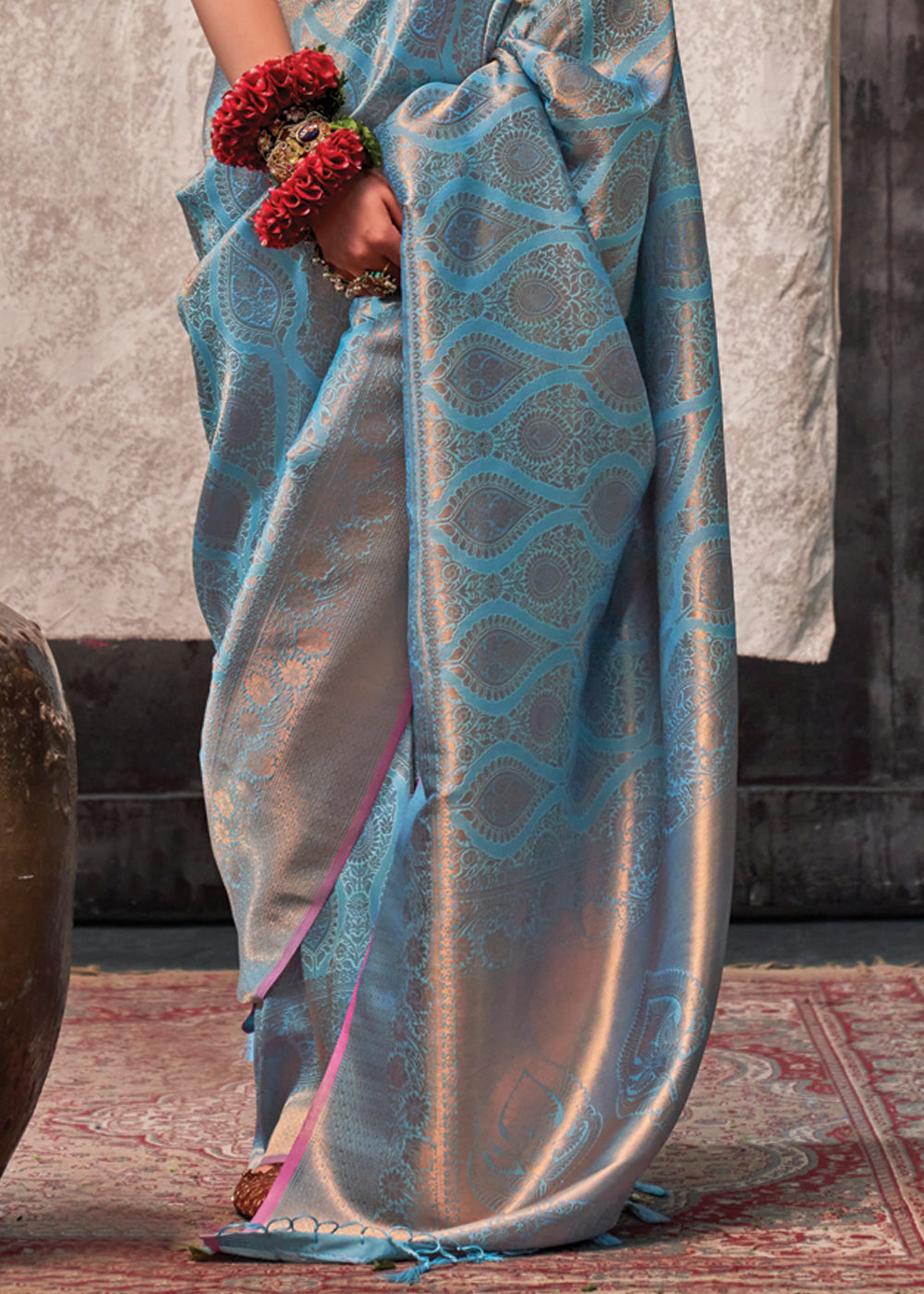 Sky Blue Regal Banarasi Silk Saree with Gold & Silver Zari Brocade Work