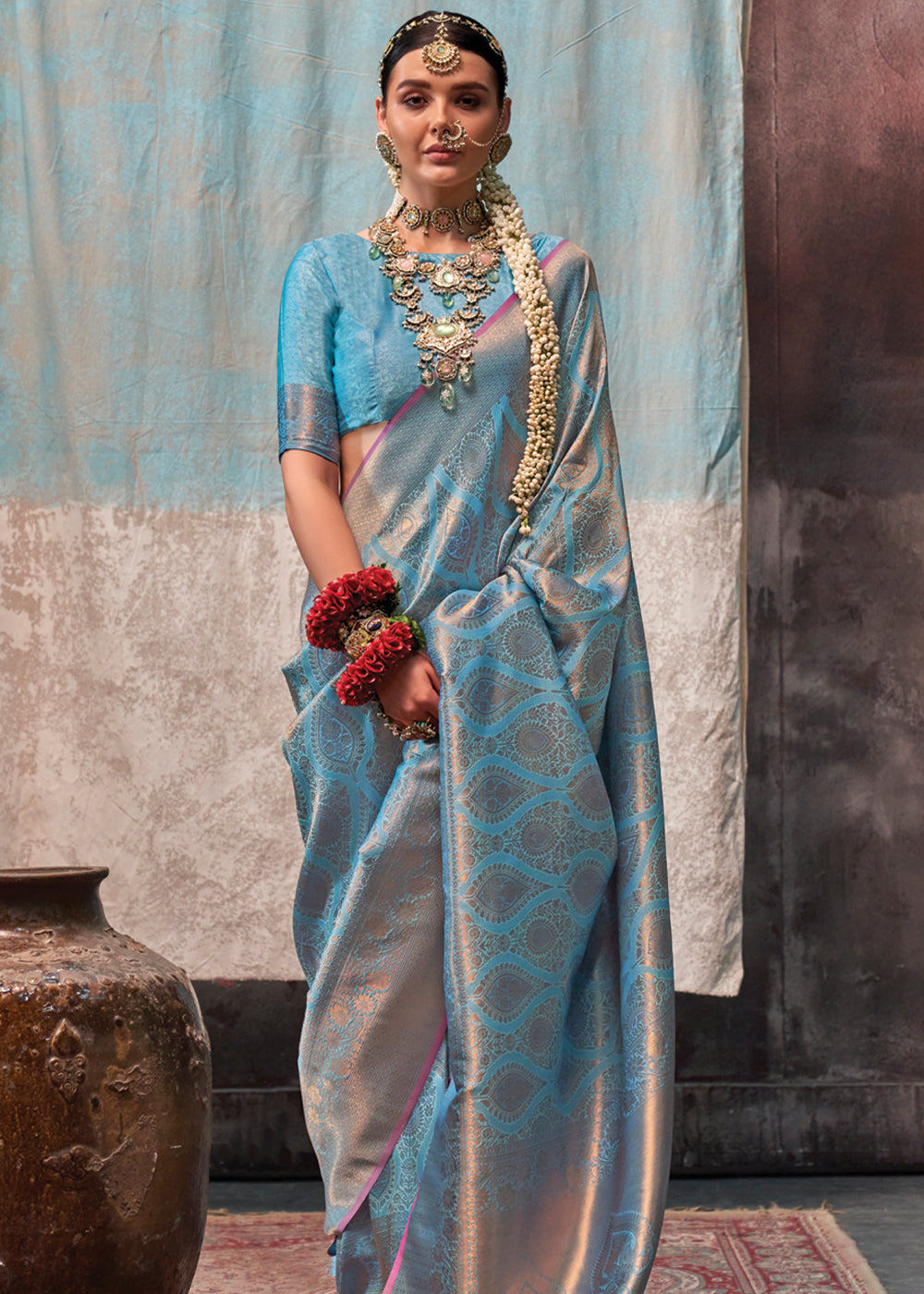 Sky Blue Regal Banarasi Silk Saree with Gold & Silver Zari Brocade Work