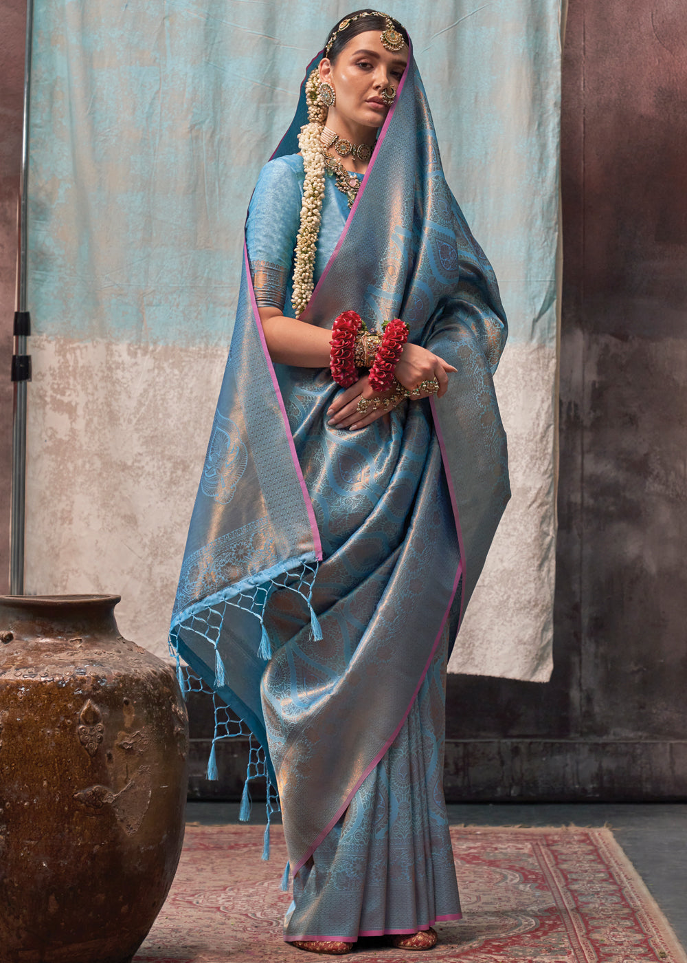 Sky Blue Regal Banarasi Silk Saree with Gold & Silver Zari Brocade Work