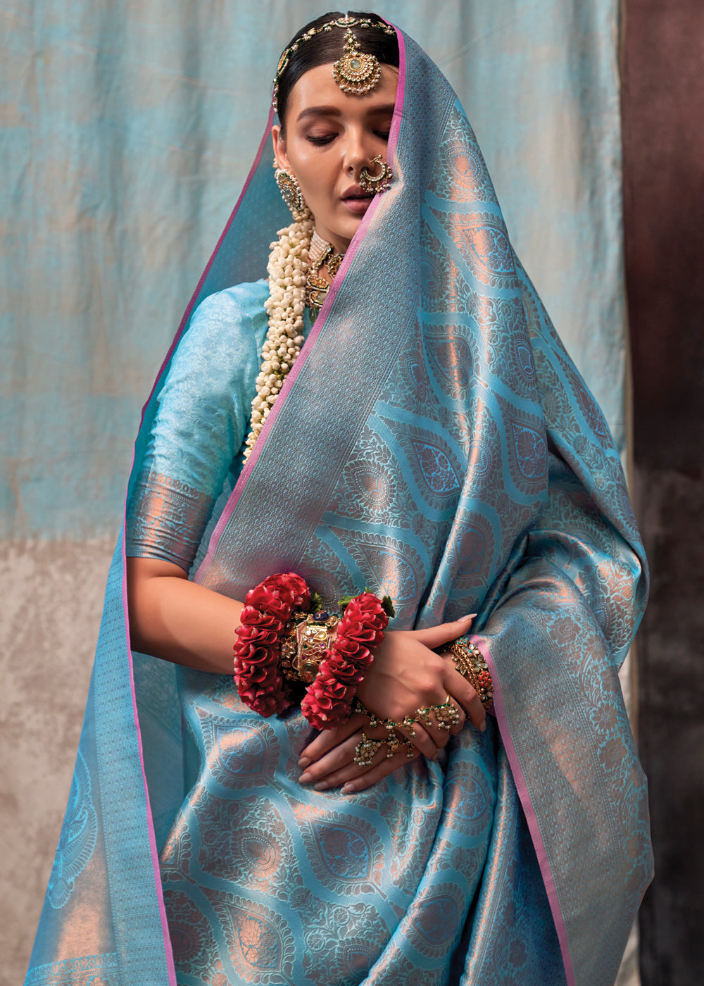 Sky Blue Regal Banarasi Silk Saree with Gold & Silver Zari Brocade Work