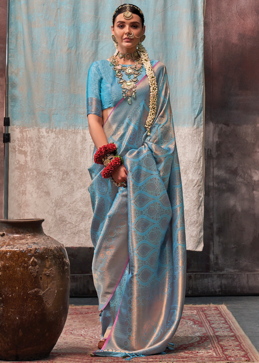 Sky Blue Regal Banarasi Silk Saree with Gold & Silver Zari Brocade Work