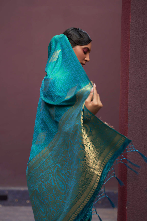 Sky Blue Regal Woven Pure Silk Banarasi Saree