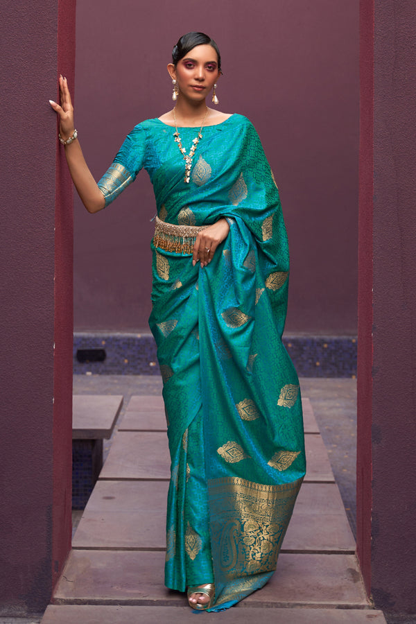 Sky Blue Regal Woven Pure Silk Banarasi Saree