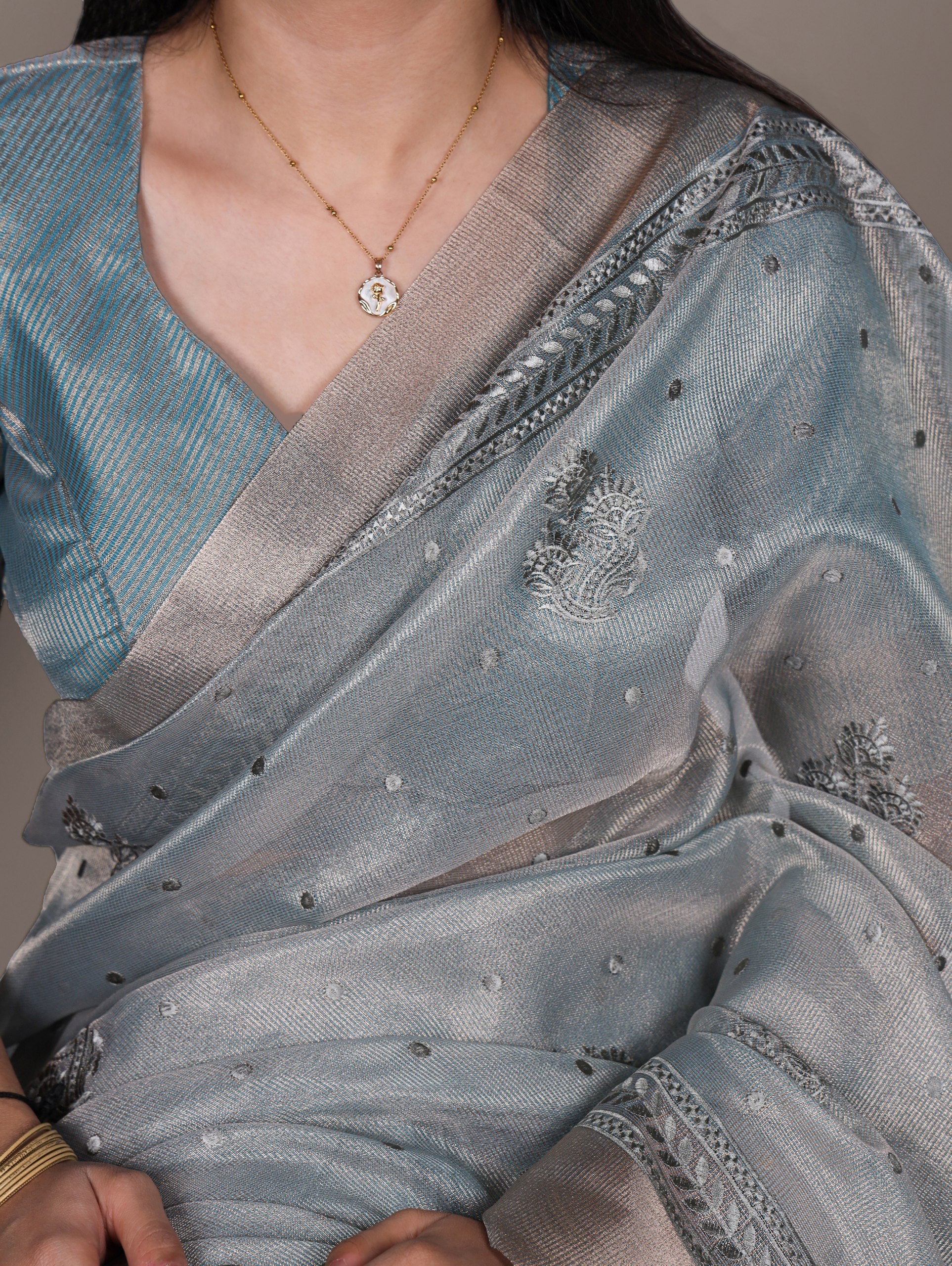 Sky Blue Rose Gold Poly Shimmer Saree with Elegant Thread Embroidery and Matching Blouse – Unstitched Ensemble