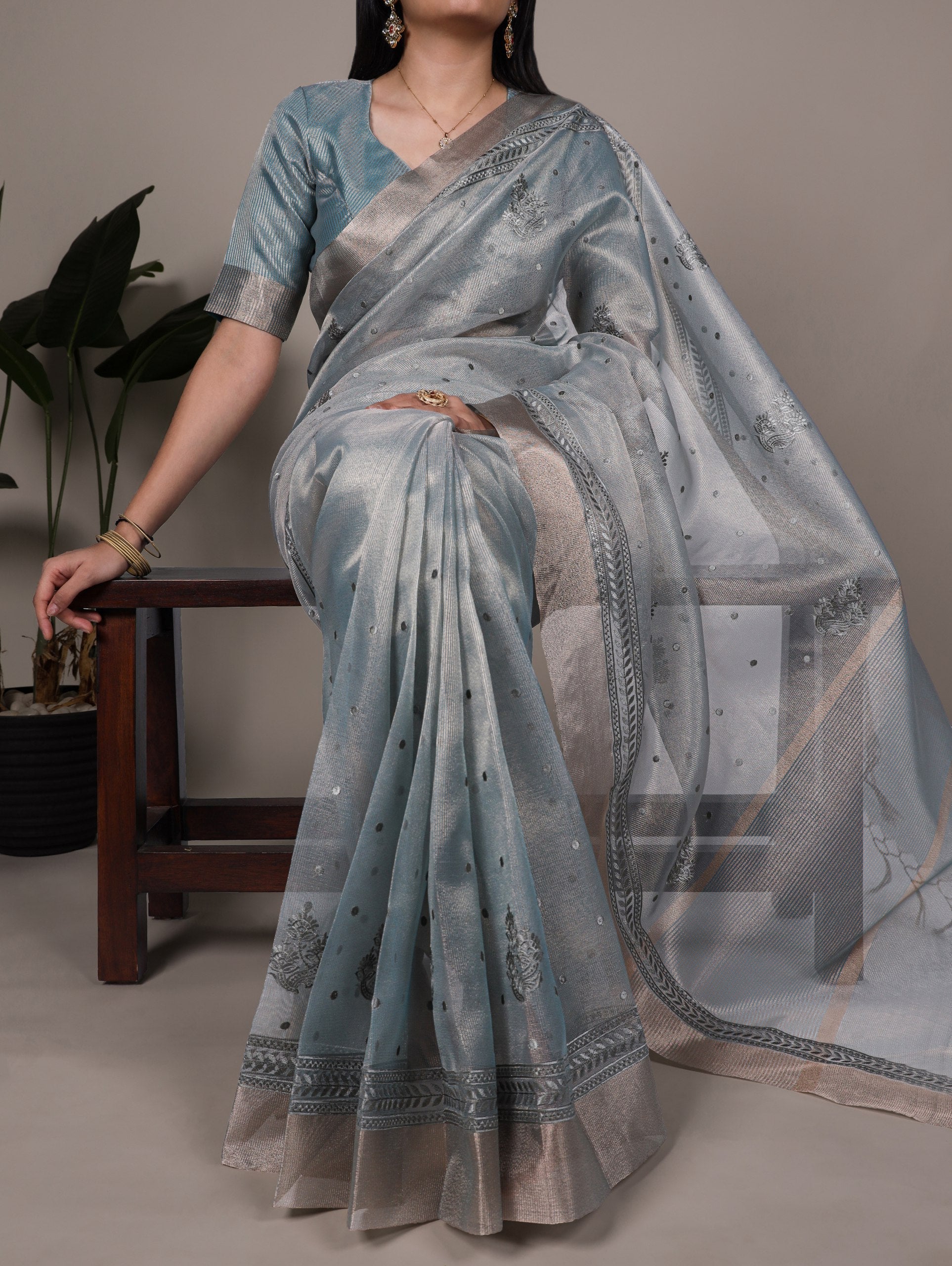 Sky Blue Rose Gold Poly Shimmer Saree with Elegant Thread Embroidery and Matching Blouse – Unstitched Ensemble