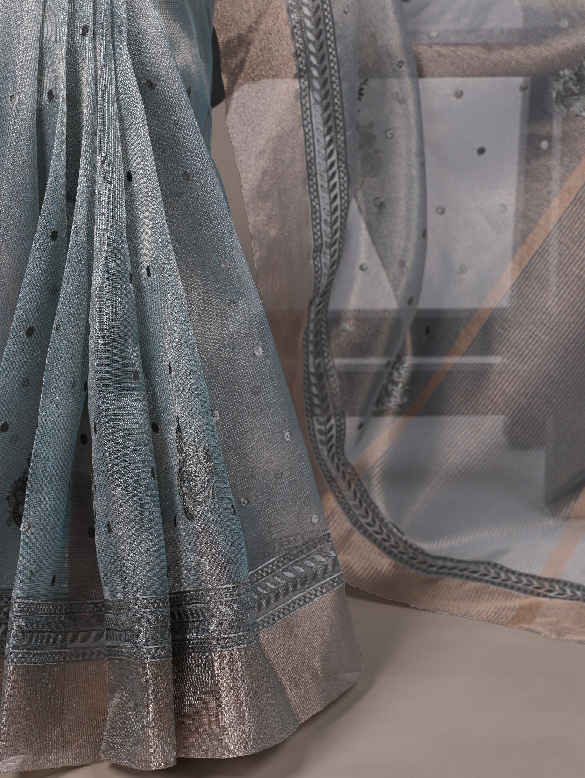 Sky Blue Rose Gold Poly Shimmer Saree with Elegant Thread Embroidery and Matching Blouse – Unstitched Ensemble