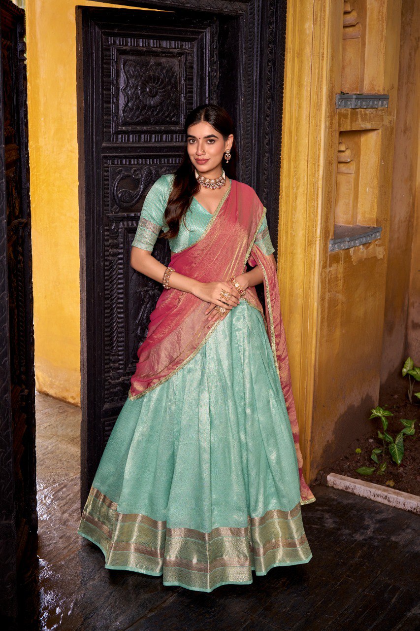 Sky Blue Royal Dupion Silk Zari Weaving Lehenga Choli with Zari Shimmer Dupatta – Stitched Traditional Ensemble