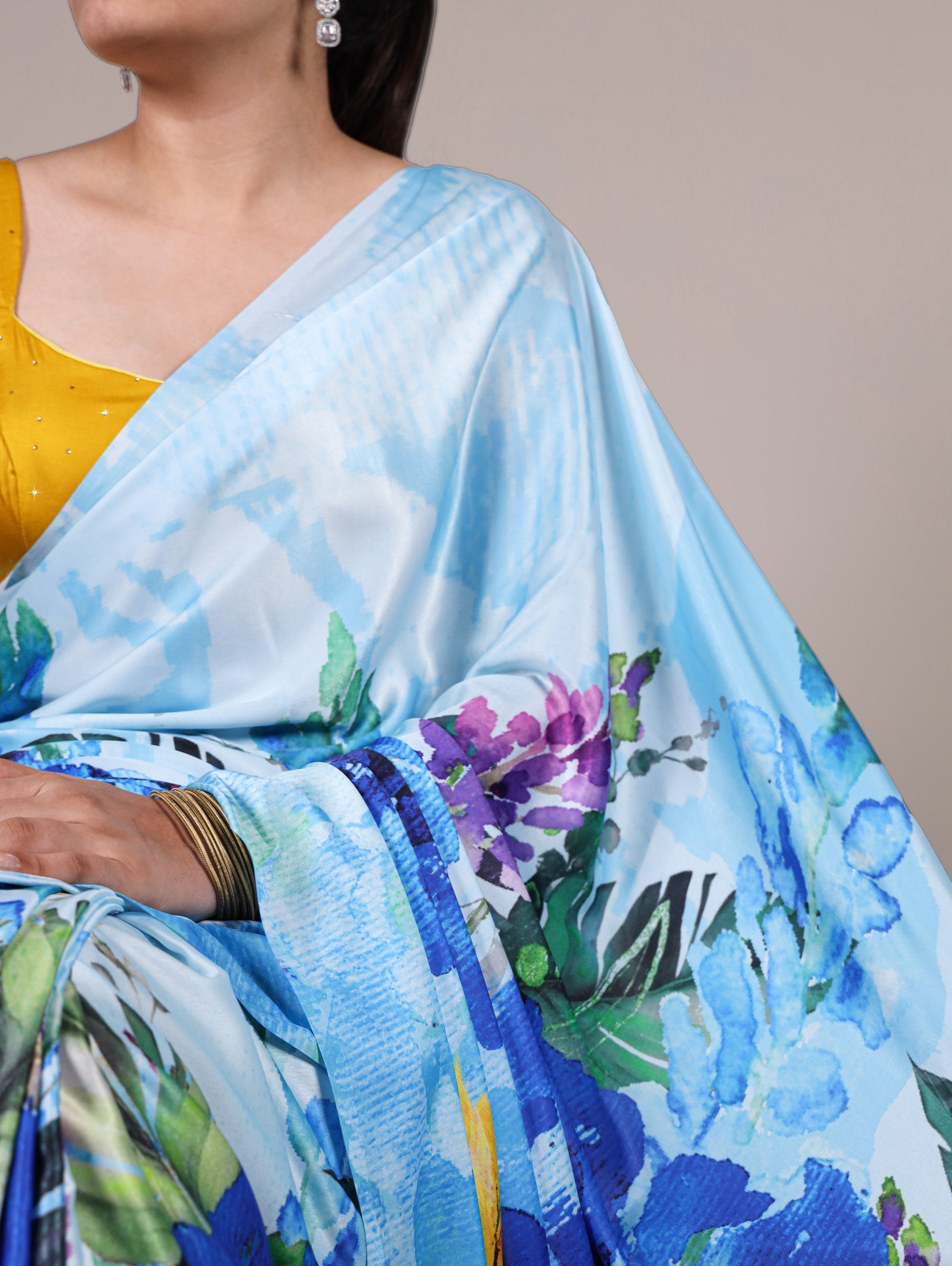 Sky Blue Satin Silk Printed Saree with Moonga Silk Hotfix Blouse