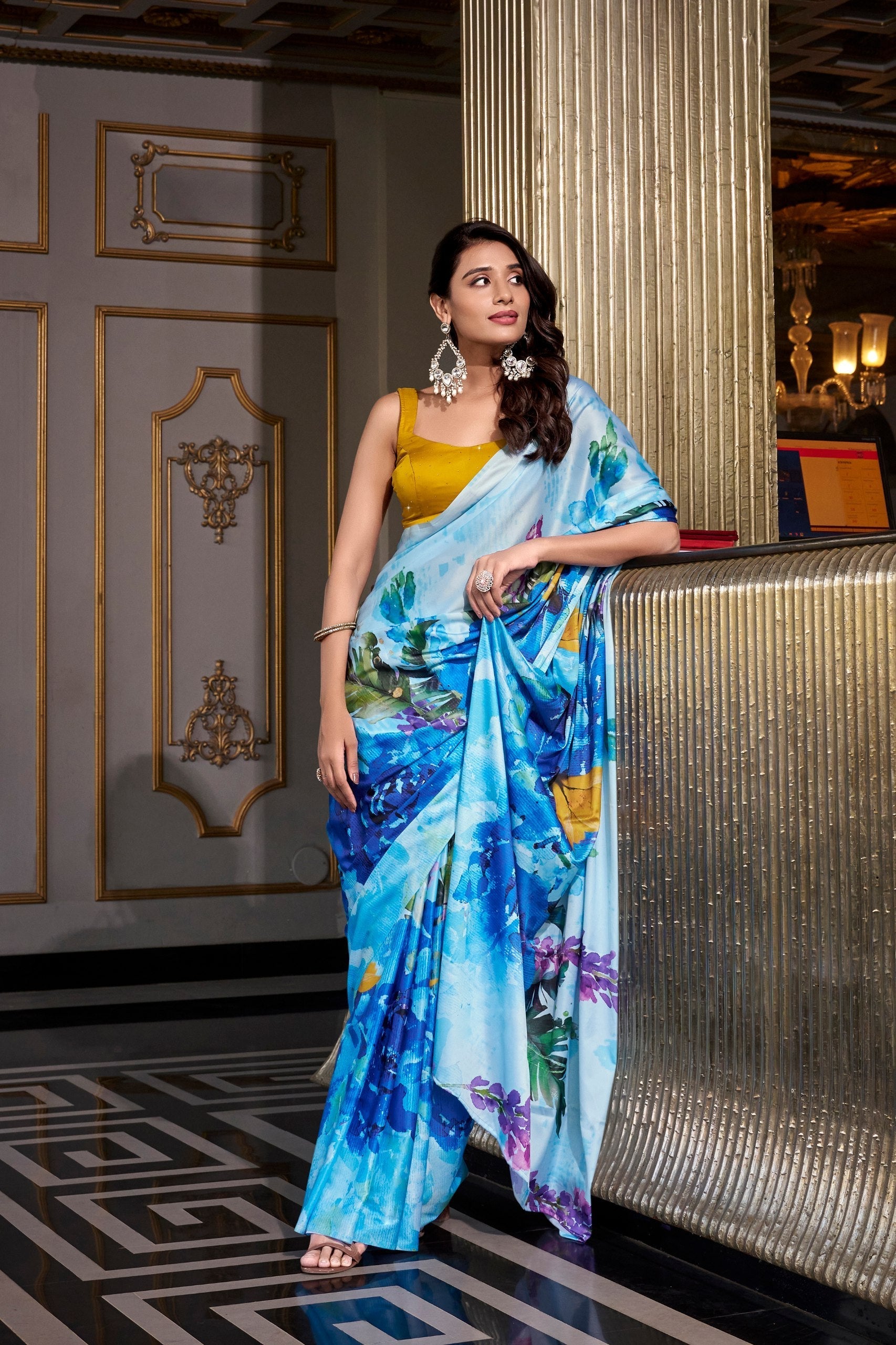 Sky Blue Satin Silk Printed Saree with Moonga Silk Hotfix Blouse