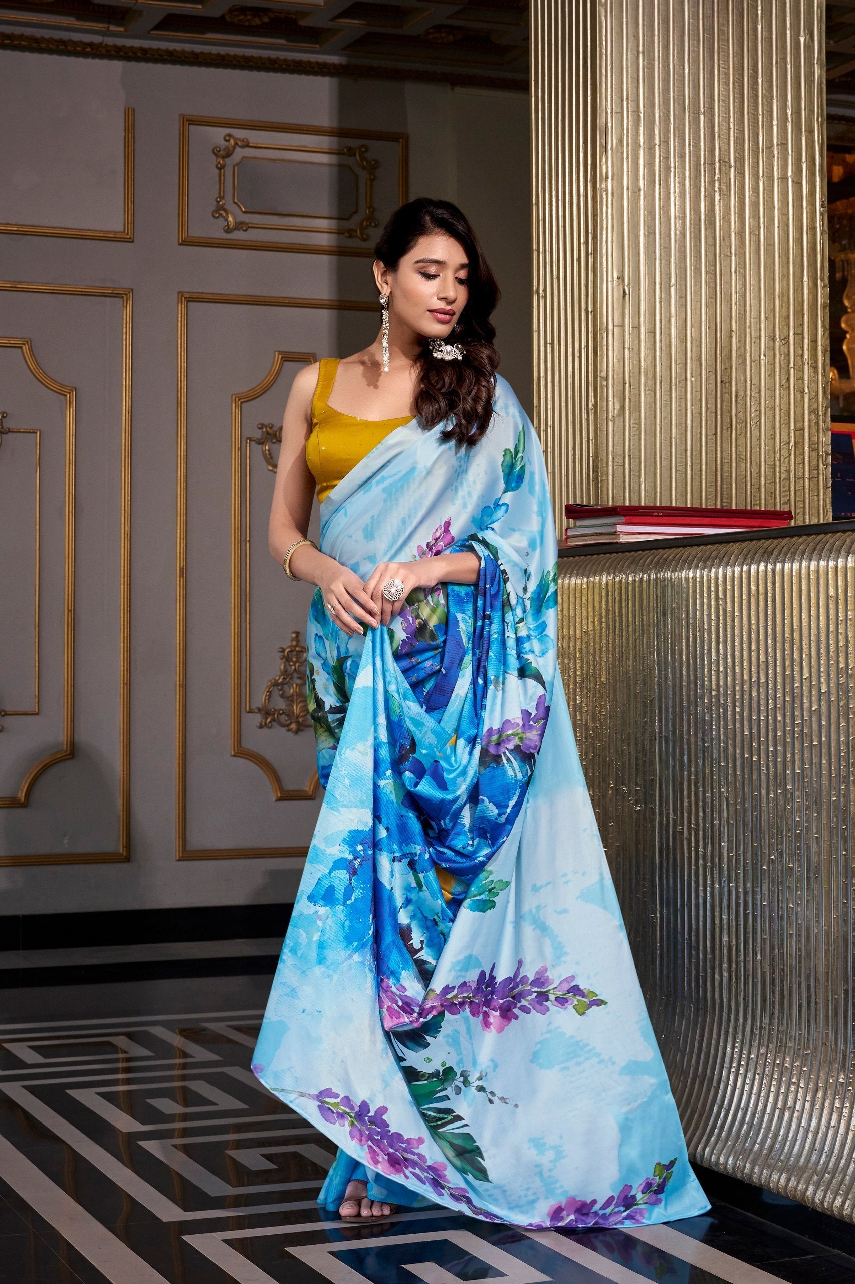 Sky Blue Satin Silk Printed Saree with Moonga Silk Hotfix Blouse