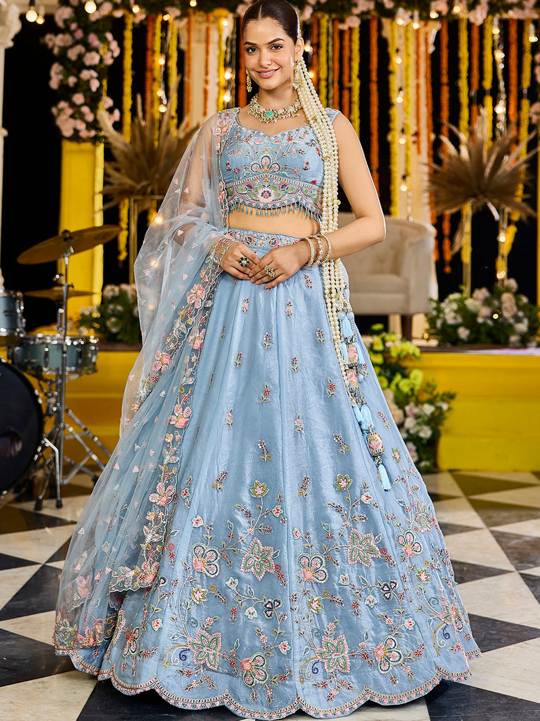 Sky Blue Satin Silk Sequin & Embroidery Lehenga Choli with Net Dupatta – Fully Stitched