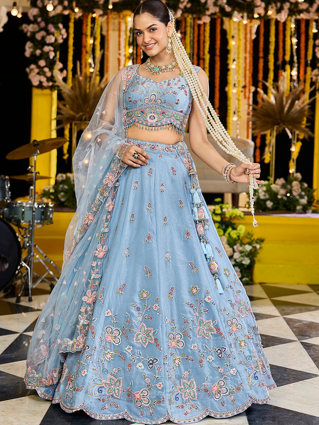 Sky Blue Satin Silk Sequin & Embroidery Lehenga Choli with Net Dupatta – Fully Stitched