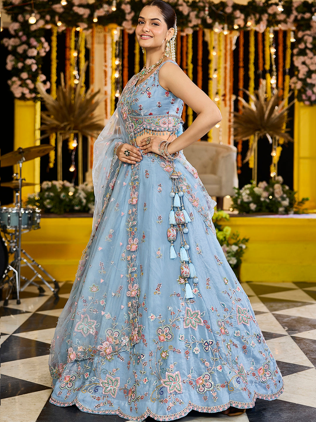 Sky Blue Satin Silk Sequin & Embroidery Lehenga Choli with Net Dupatta – Fully Stitched