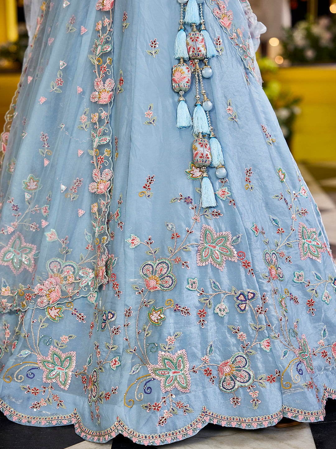 Sky Blue Satin Silk Sequin & Embroidery Lehenga Choli with Net Dupatta – Fully Stitched