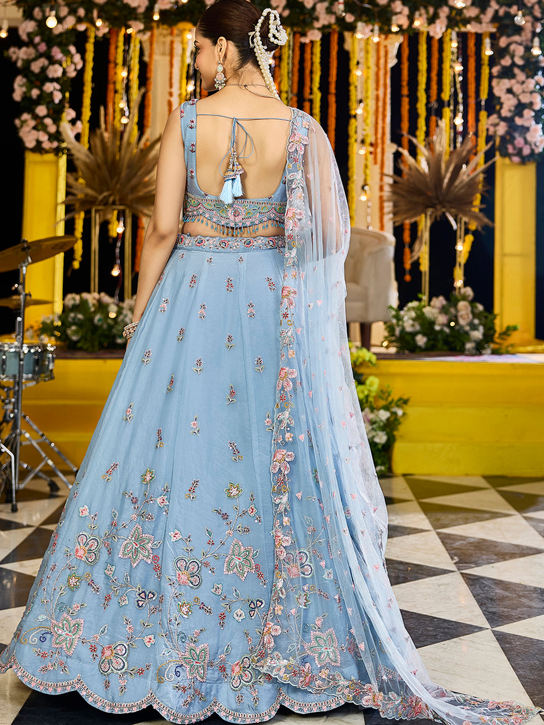 Sky Blue Satin Silk Sequin & Embroidery Lehenga Choli with Net Dupatta – Fully Stitched