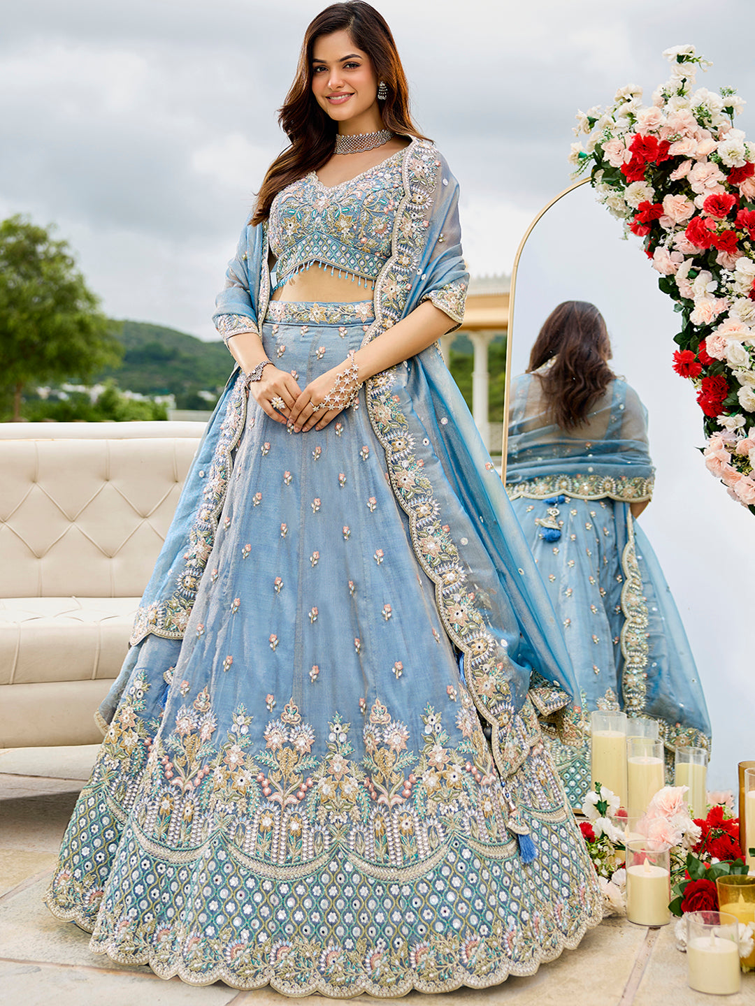 Sky Blue Satin Silk Sequins & Embroidery Lehenga Choli with Ethnic Dupatta – Fully Stitched
