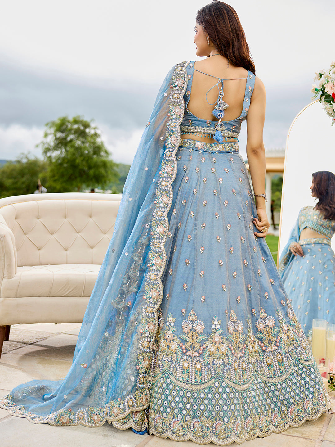 Sky Blue Satin Silk Sequins & Embroidery Lehenga Choli with Ethnic Dupatta – Fully Stitched