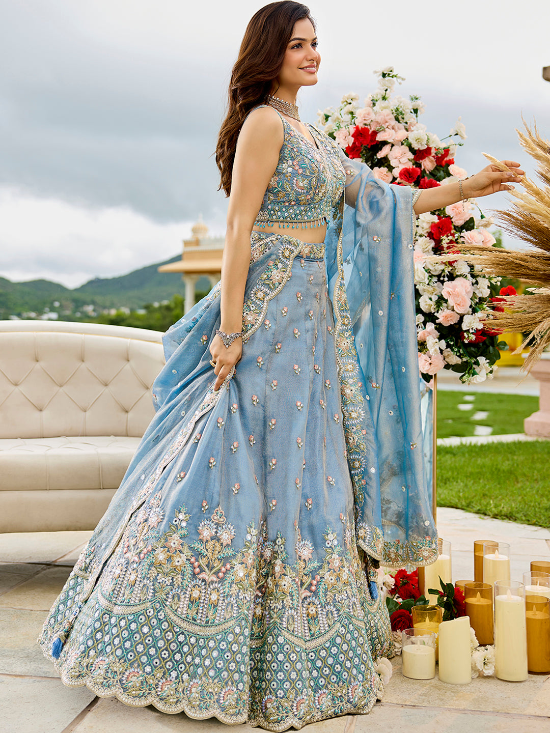 Sky Blue Satin Silk Sequins & Embroidery Lehenga Choli with Ethnic Dupatta – Fully Stitched
