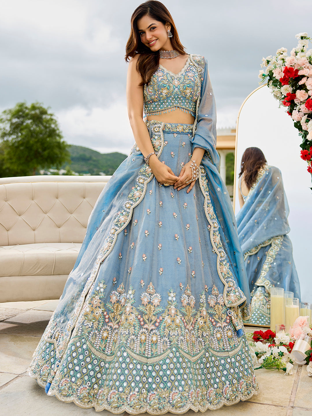 Sky Blue Satin Silk Sequins & Embroidery Lehenga Choli with Ethnic Dupatta – Fully Stitched