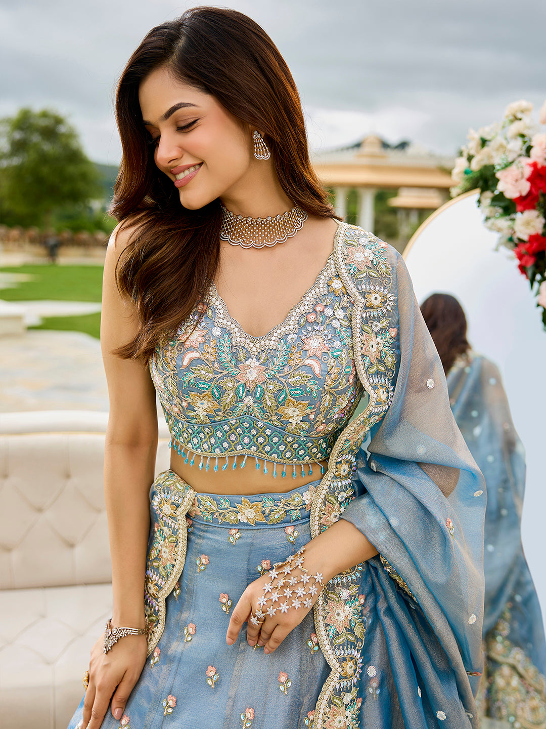 Sky Blue Satin Silk Sequins & Embroidery Lehenga Choli with Ethnic Dupatta – Fully Stitched