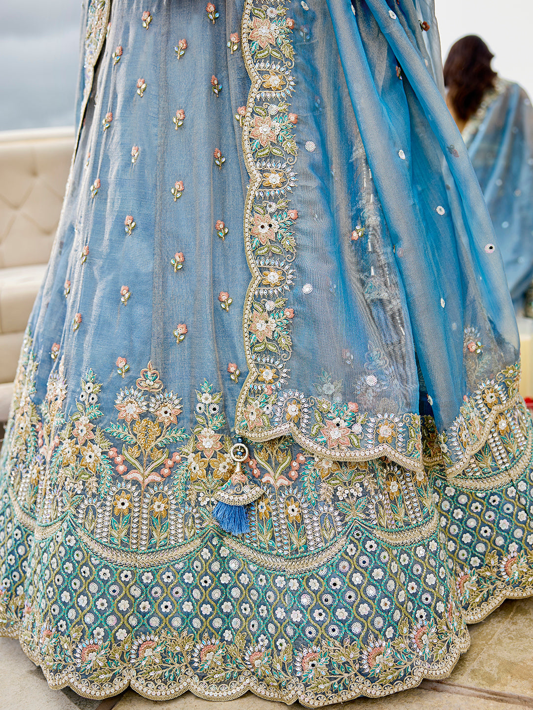Sky Blue Satin Silk Sequins & Embroidery Lehenga Choli with Ethnic Dupatta – Fully Stitched