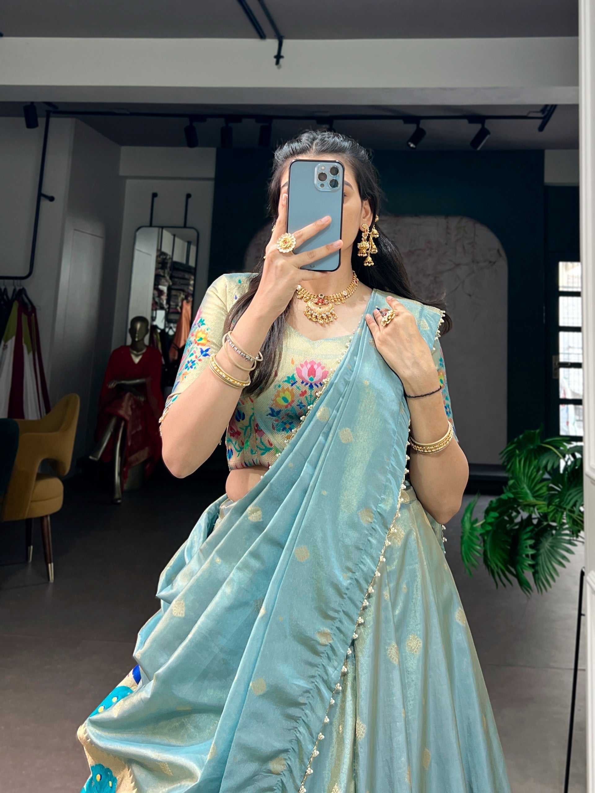 Sky Blue Shimmer Zari Weaving Lehenga
