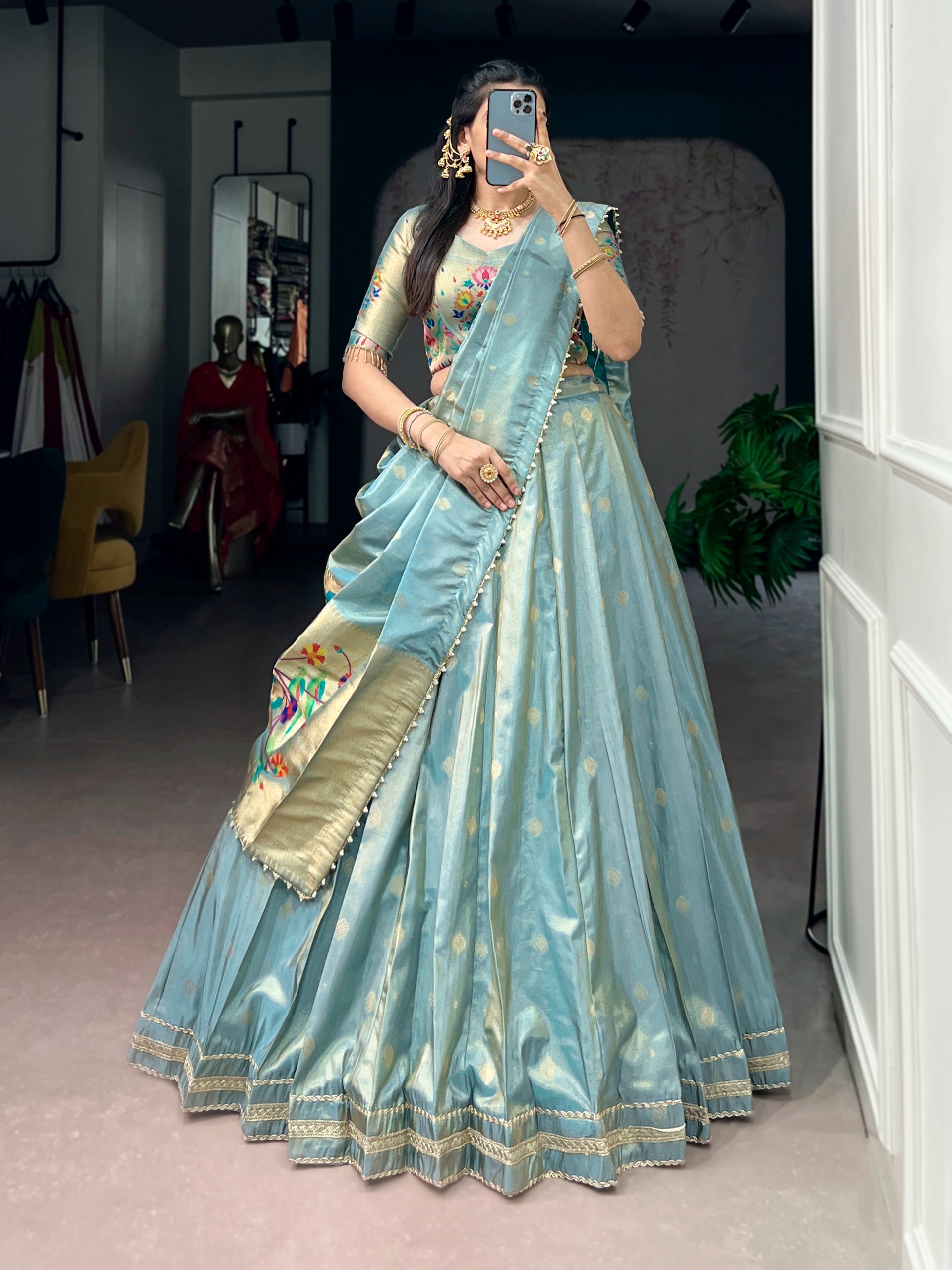 Sky Blue Shimmer Zari Weaving Lehenga
