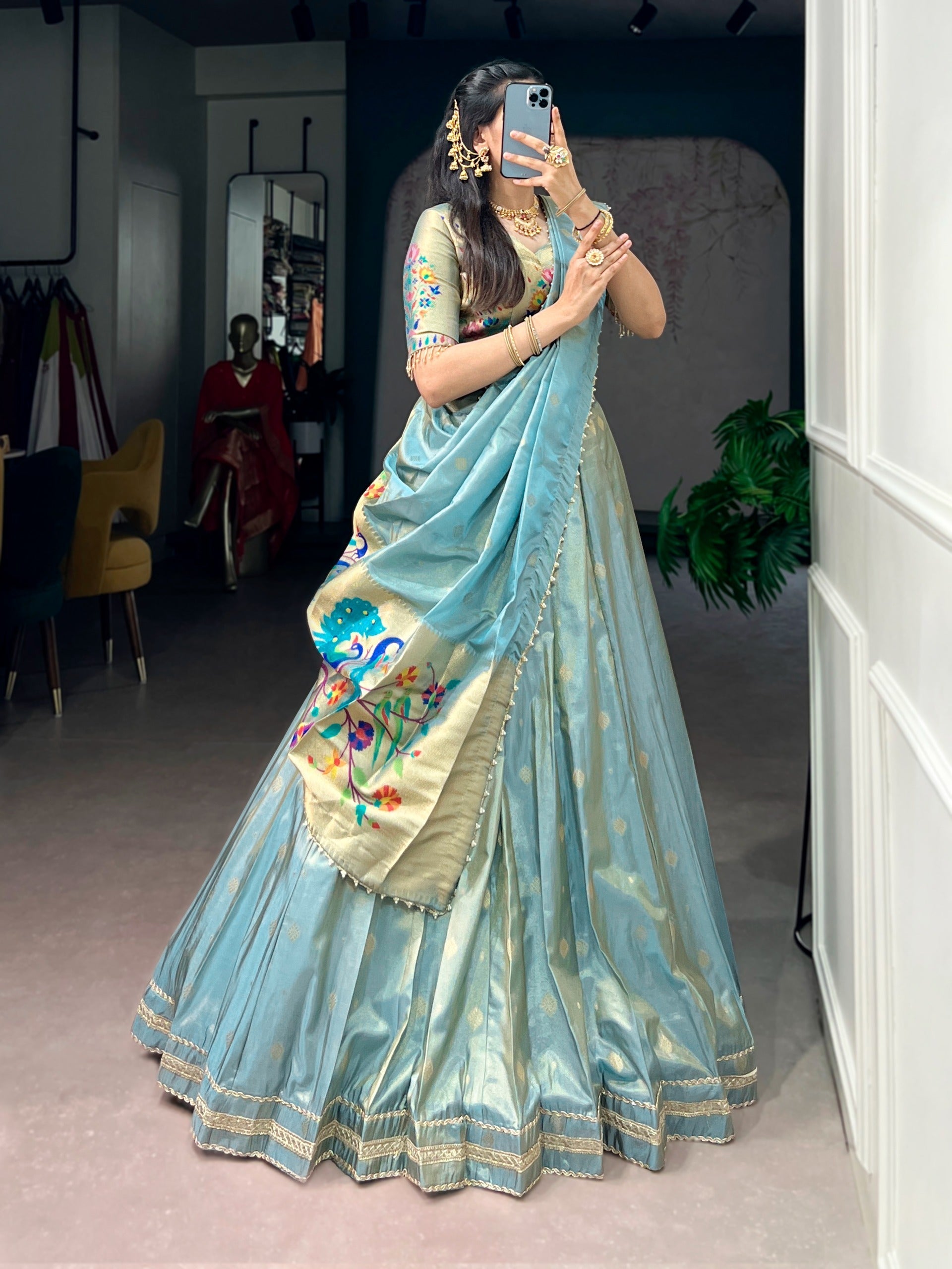 Sky Blue Shimmer Zari Weaving Lehenga