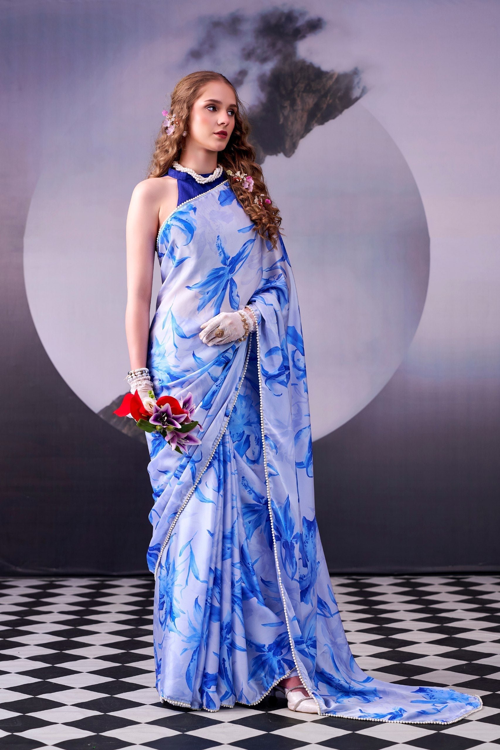 Sky Blue Silk Saree Pearl Border