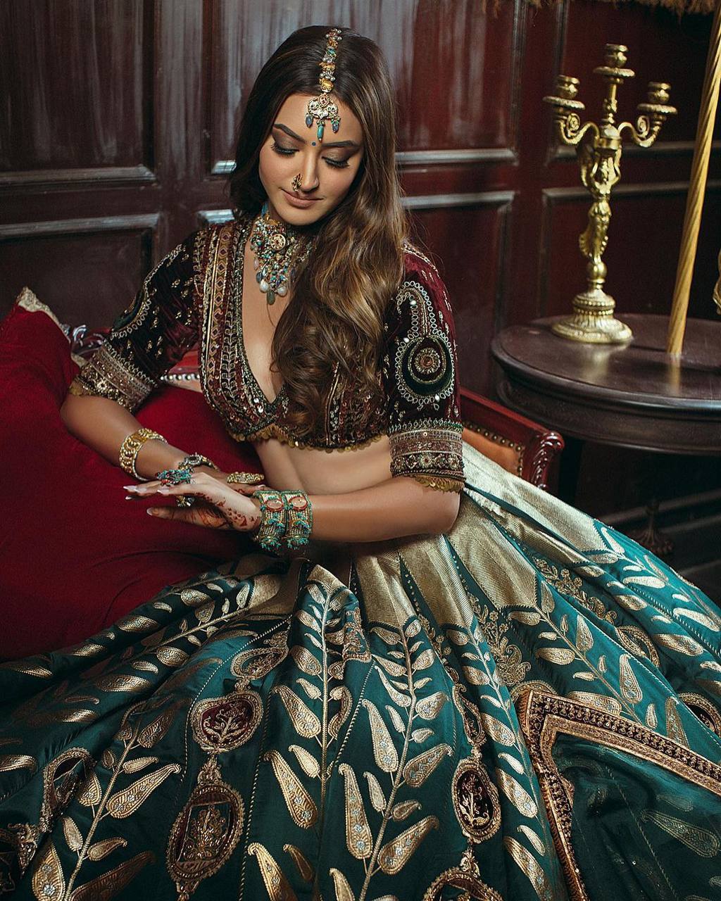 Sky Blue Mulmul Silk & Velvet Lehenga Set with Sequins & Zari Work