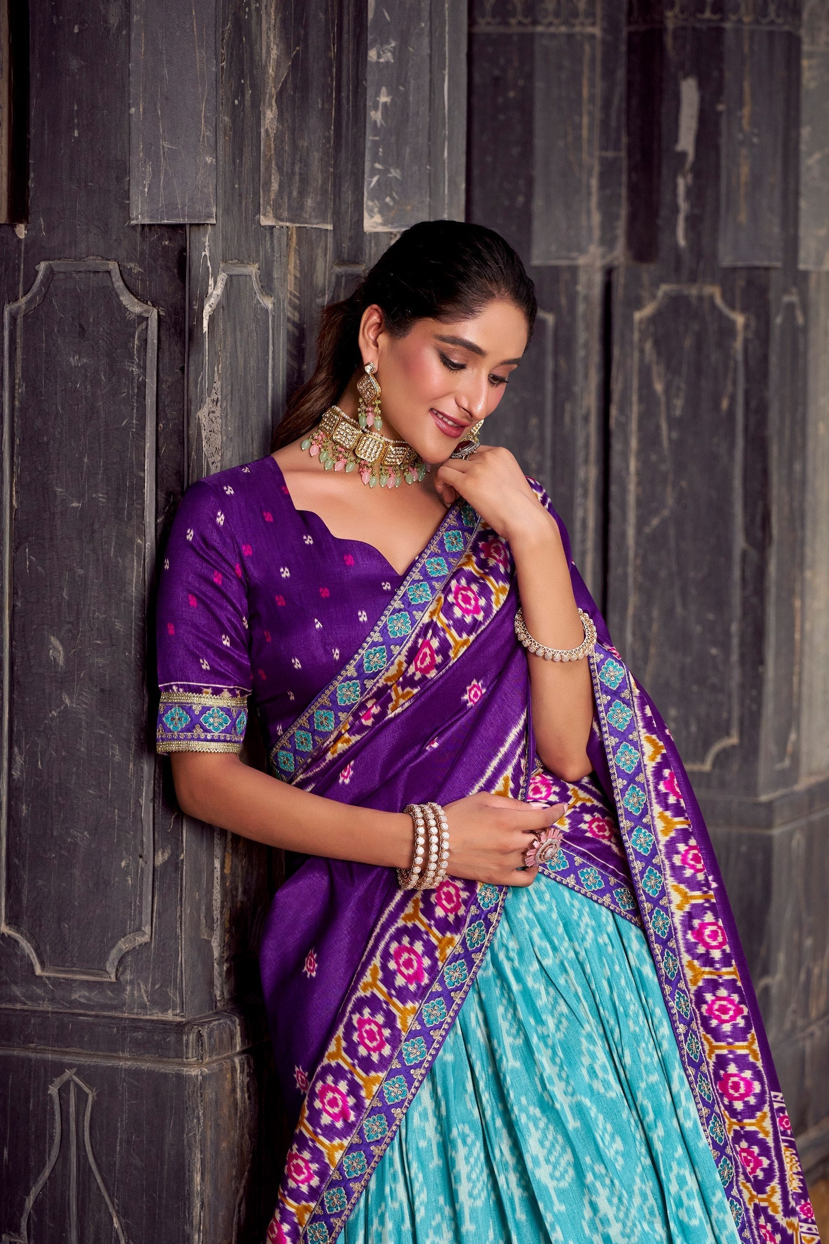 Sky Blue Tasar Silk Ikkat Print Lehenga Set with Embroidered Blouse & Dupatta