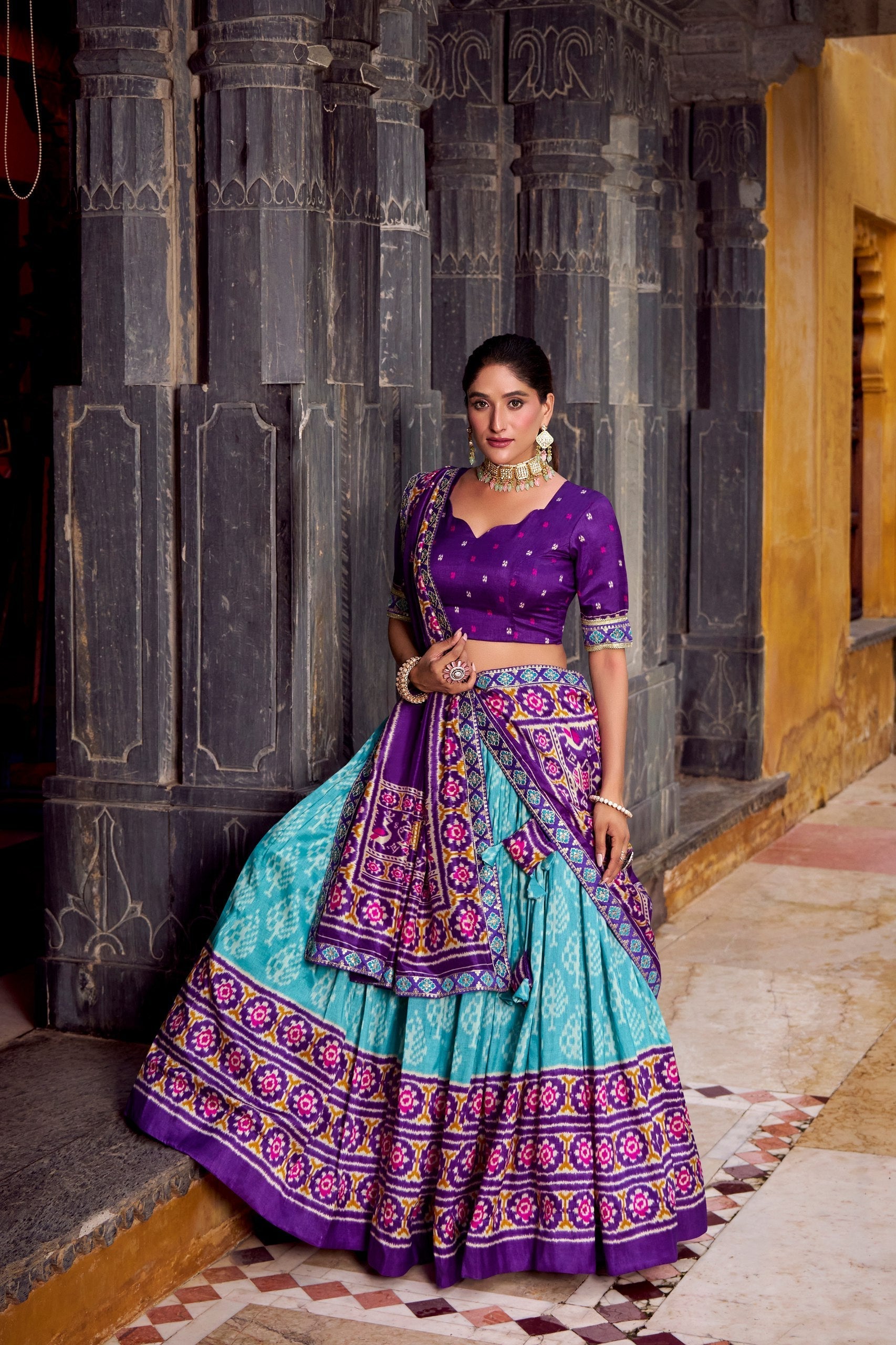Sky Blue Tasar Silk Ikkat Print Lehenga Set with Embroidered Blouse & Dupatta