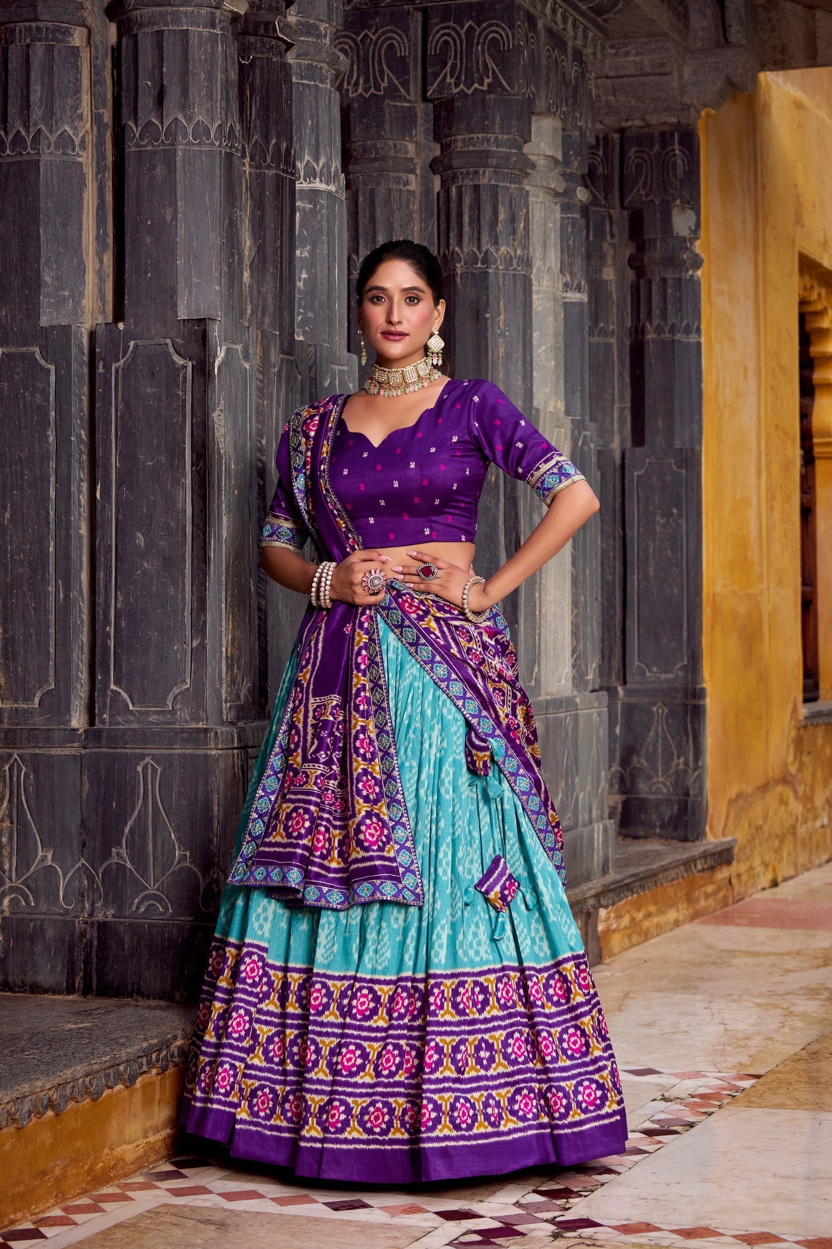 Sky Blue Tasar Silk Ikkat Print Lehenga Set with Embroidered Blouse & Dupatta
