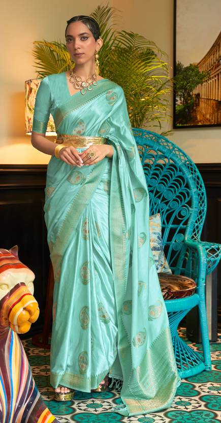 Sky Blue Traditional Baluchari Silk Blend Saree with Unstitched Blouse Piece