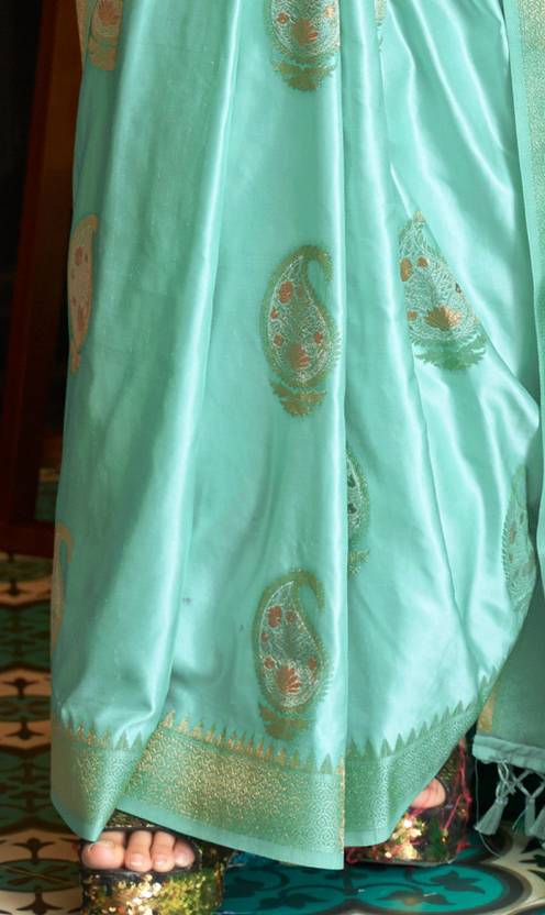 Sky Blue Traditional Baluchari Silk Blend Saree with Unstitched Blouse Piece