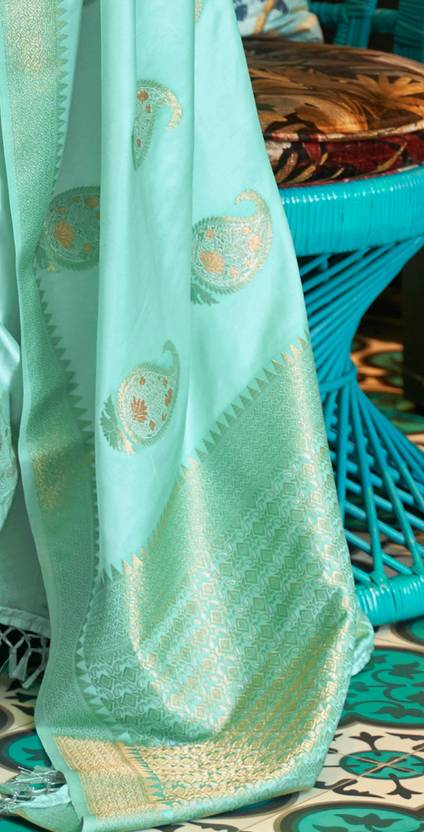 Sky Blue Traditional Baluchari Silk Blend Saree with Unstitched Blouse Piece
