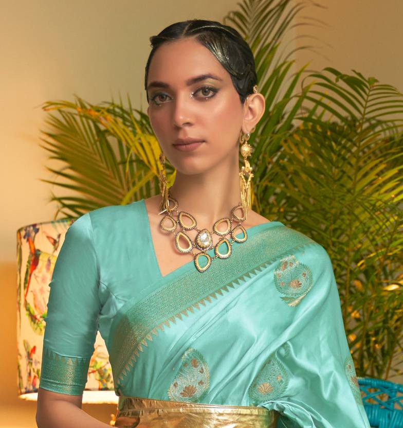 Sky Blue Traditional Baluchari Silk Blend Saree with Unstitched Blouse Piece
