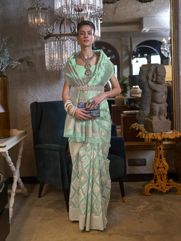 Sky Blue Traditional Linen Banarasi Saree with Unstitched Blouse Piece