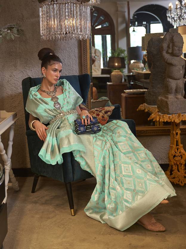 Sky Blue Traditional Linen Banarasi Saree with Unstitched Blouse Piece
