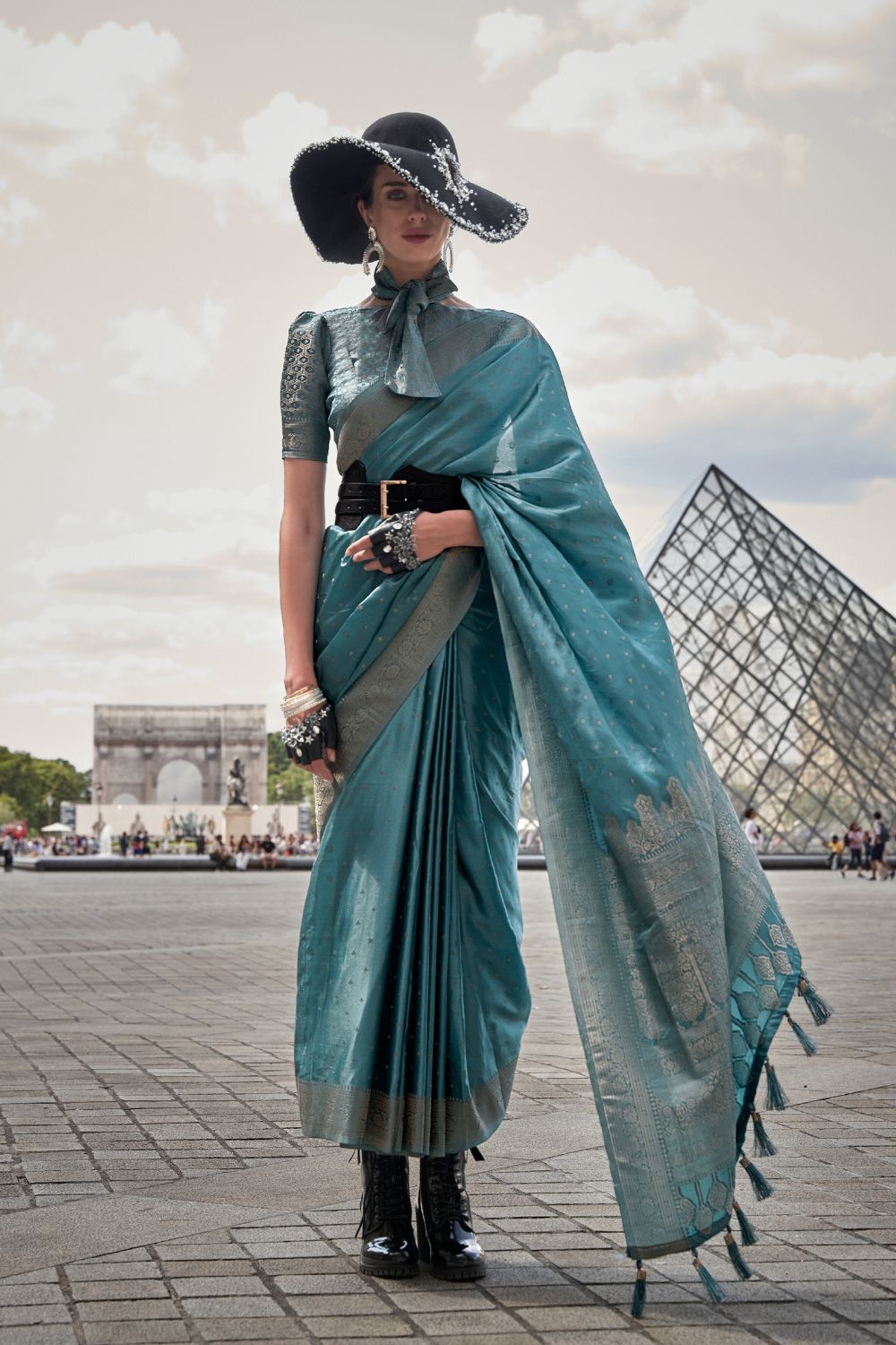 Sky Blue Traditional Woven Satin Silk Blend Saree with Blouse Piece – Festive & Partywear