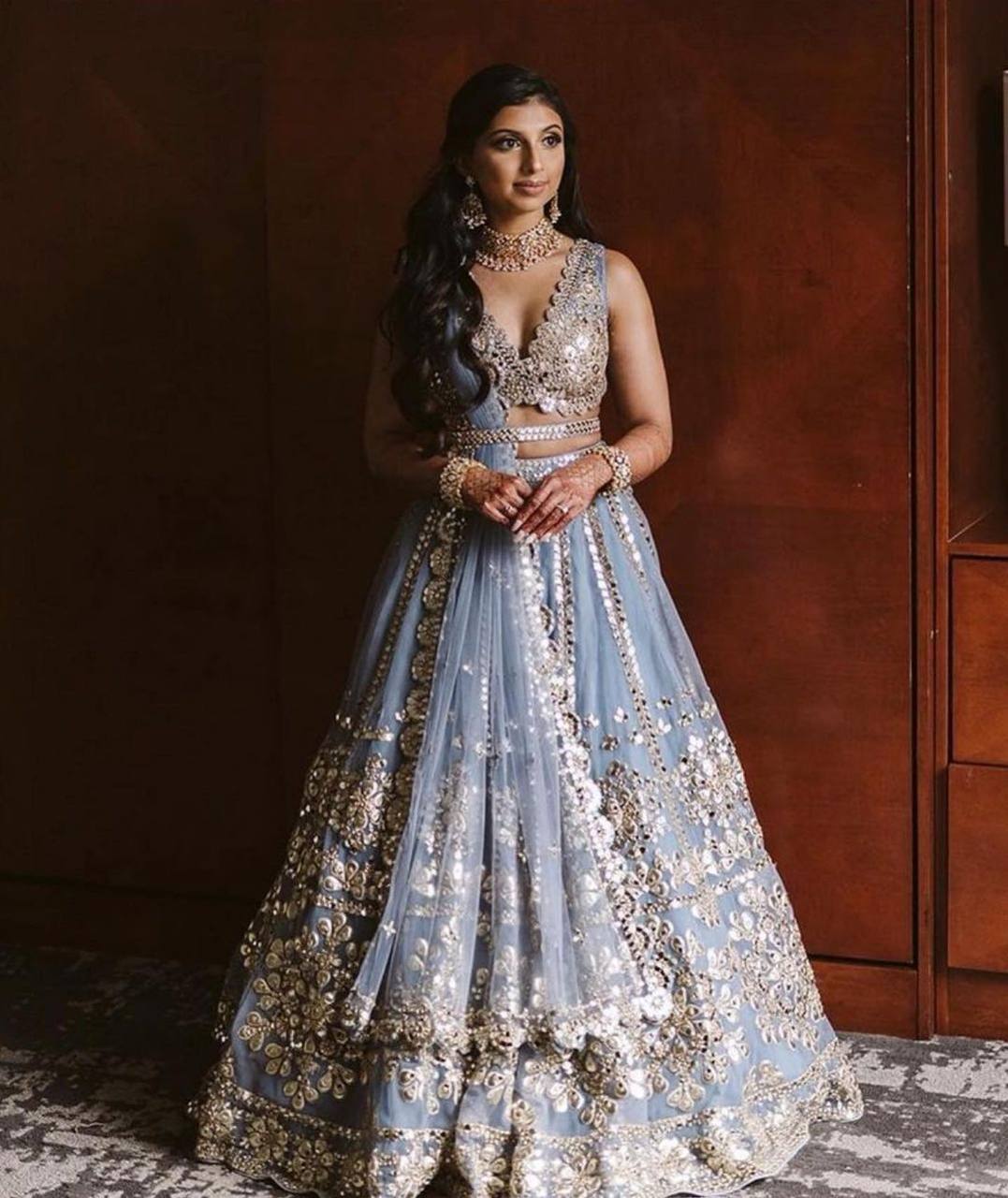Dusty Blue Vibrant Net Lehenga Set with Foil Paper & Zari Work