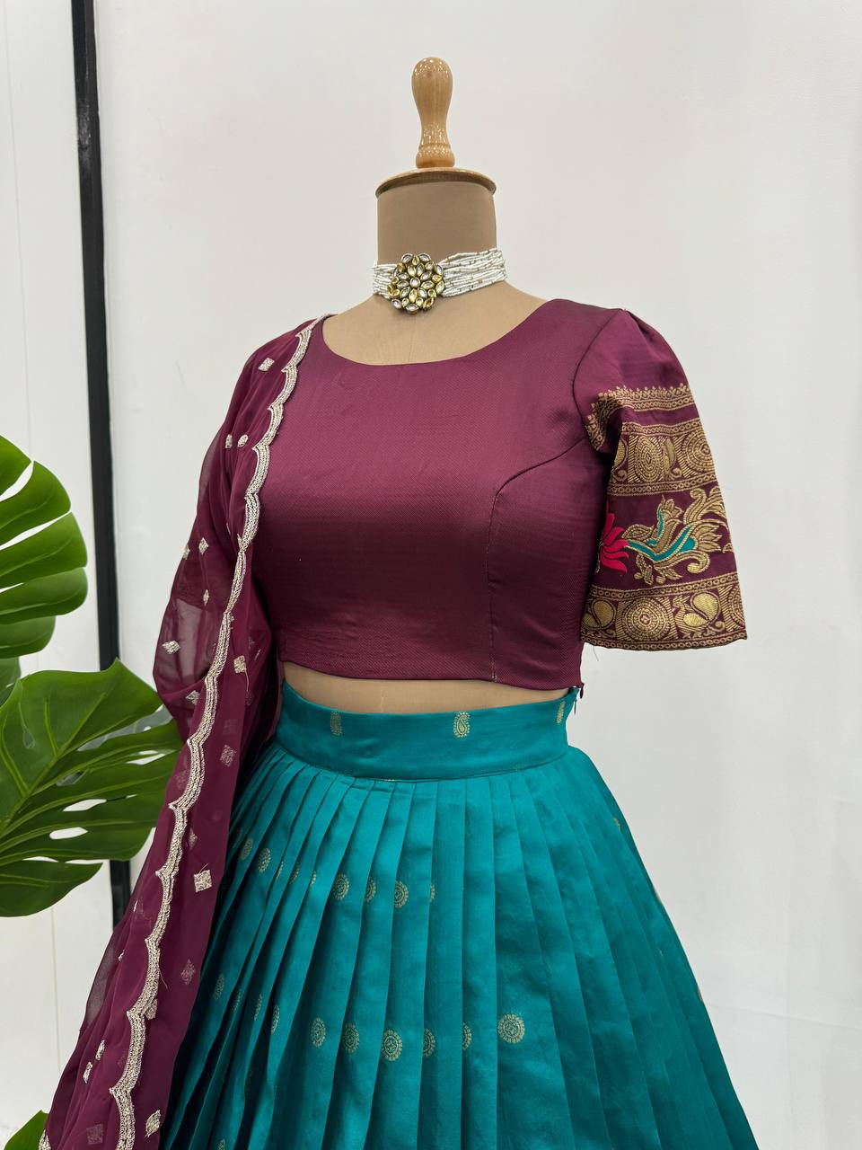 Sky Blue & Wine legant Jequrd Silk Semi-Stitched Lehenga Set with Stunning Dupatta