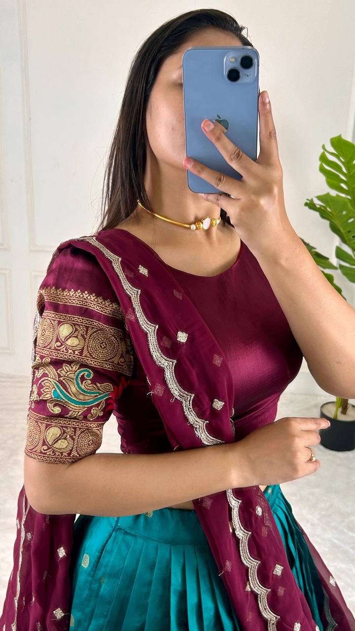 Sky Blue & Wine legant Jequrd Silk Semi-Stitched Lehenga Set with Stunning Dupatta
