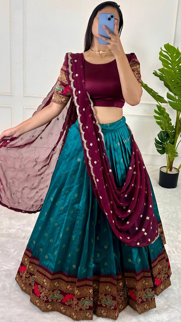 Sky Blue & Wine legant Jequrd Silk Semi-Stitched Lehenga Set with Stunning Dupatta