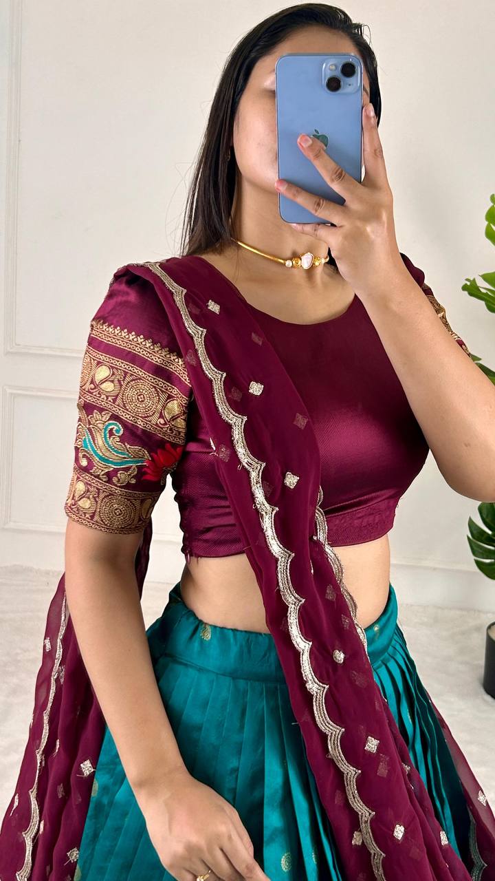 Sky Blue & Wine legant Jequrd Silk Semi-Stitched Lehenga Set with Stunning Dupatta