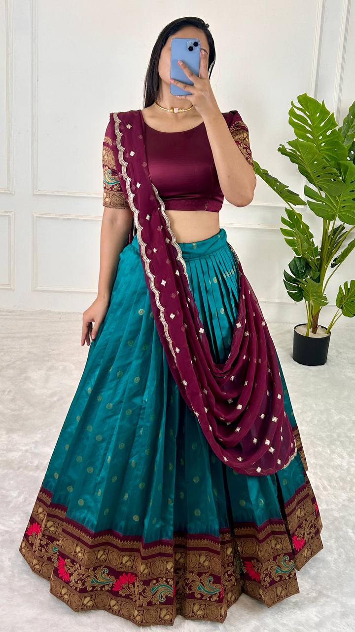 Sky Blue & Wine legant Jequrd Silk Semi-Stitched Lehenga Set with Stunning Dupatta
