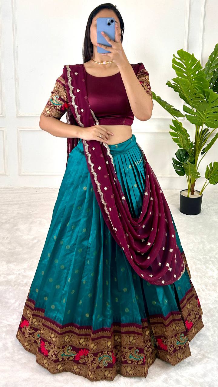 Sky Blue & Wine legant Jequrd Silk Semi-Stitched Lehenga Set with Stunning Dupatta