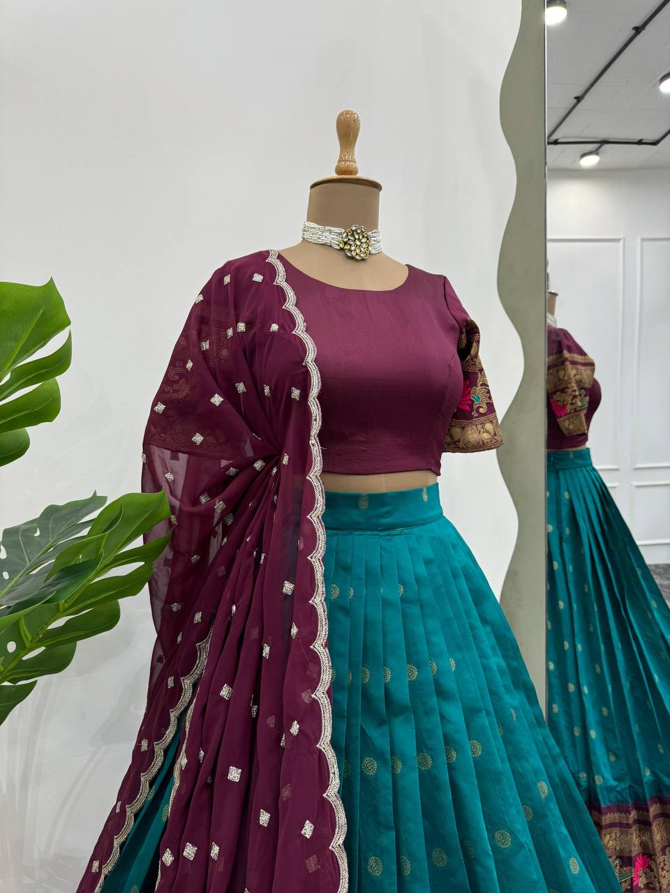 Sky Blue & Wine legant Jequrd Silk Semi-Stitched Lehenga Set with Stunning Dupatta