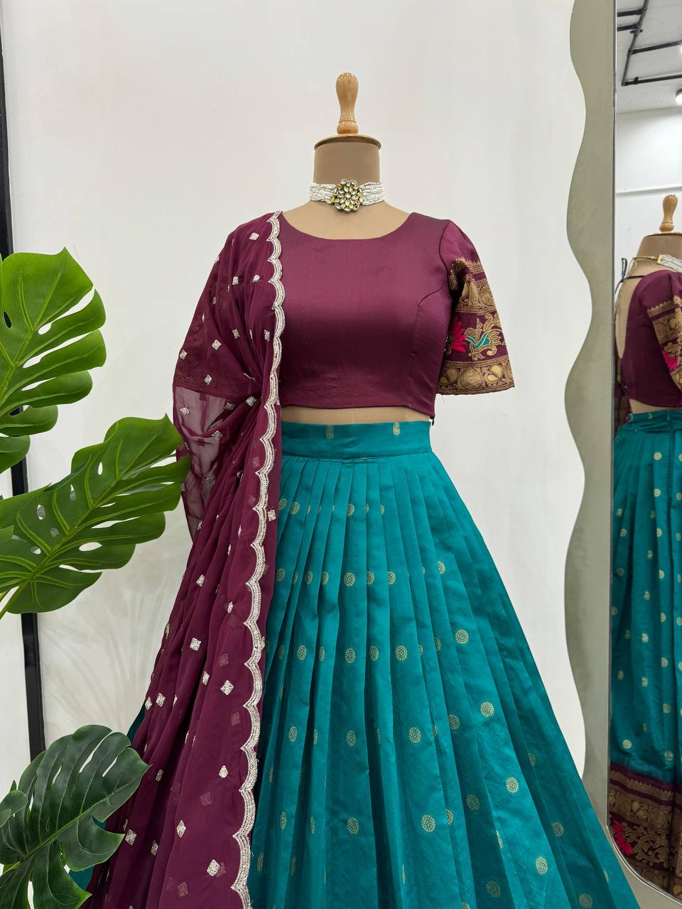 Sky Blue & Wine legant Jequrd Silk Semi-Stitched Lehenga Set with Stunning Dupatta